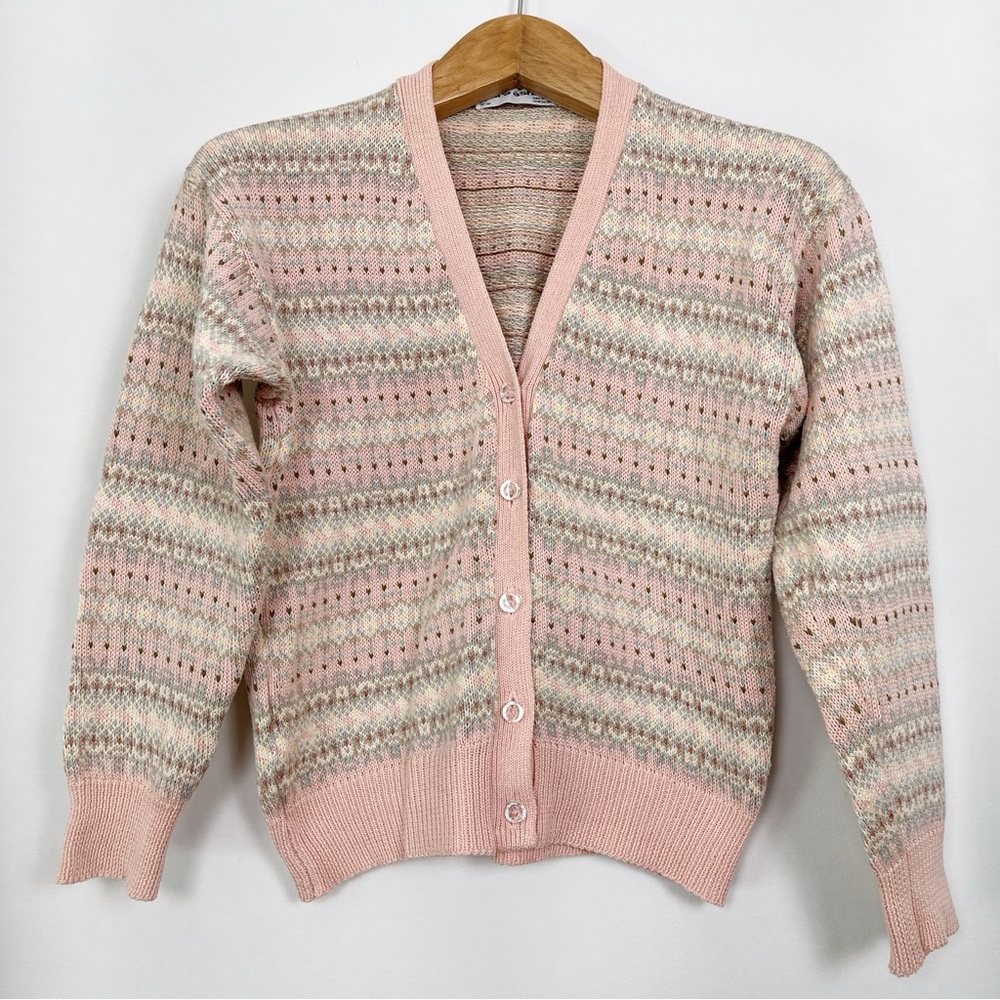 Vintage Laura Ashley‎ Pink and Cream Fair Isle Cardigan Size Large Cottagecore